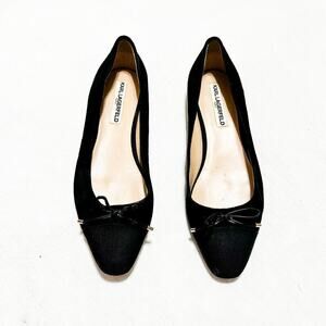 Karl Lagerfeld Black Suede Leather Almond Toe Bow Accent Flats Shoes Size 9.5